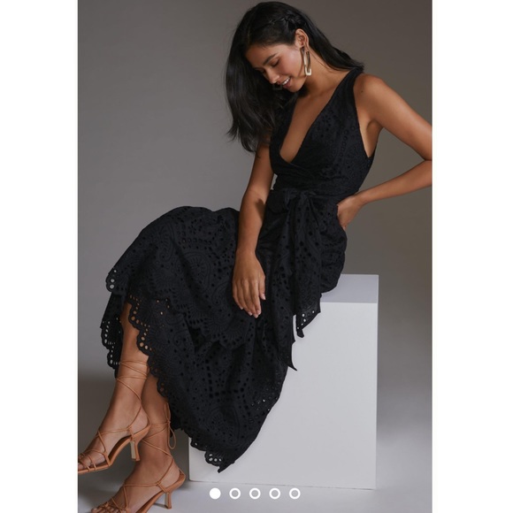 Anthropologie Maeve Eyelet Wrap Midi Dress Black ANTHRO NEW Summer party Maxi - Picture 6 of 9